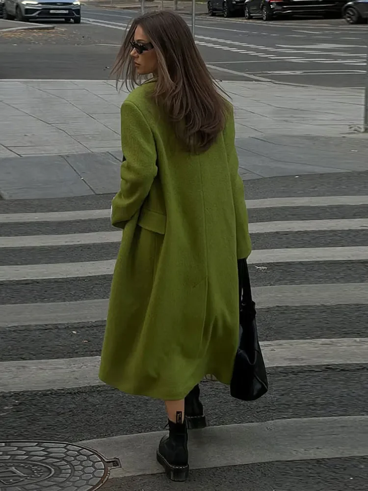 Elegant Women's Woolen Overcoat Solid Lapel Double Breasted Full Sleeve Long Coat 2026 Autumn Winter Fashion Lady Outwear