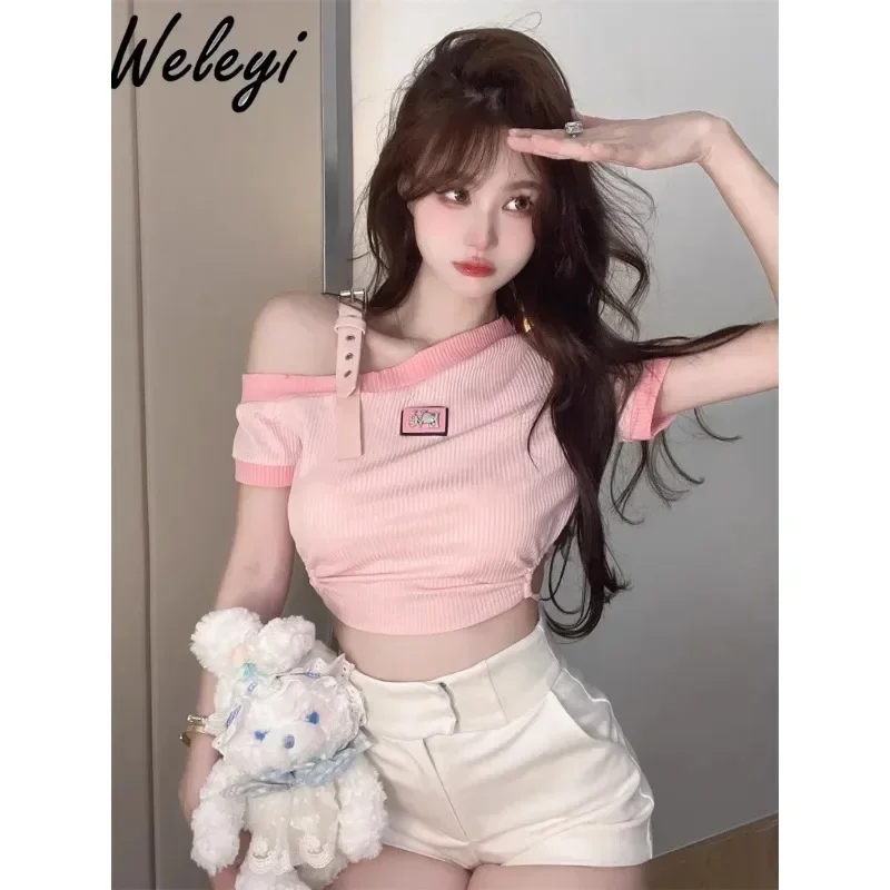 

American Women's T-shirt 2024 Summer Sweet Versatile for Girl Slim Fit Off Shoulder Pleating Color Contrast Short Bottoming Tops