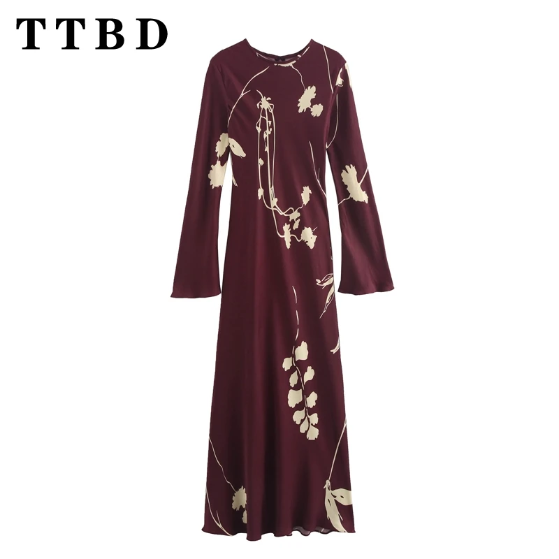 TTBD 2024 New Autumn Woman\'s Casual Ruffles Long Sleeve Print Dress A-lineskirt Female Vintage zipper O-Collar Maxi Skirt Top