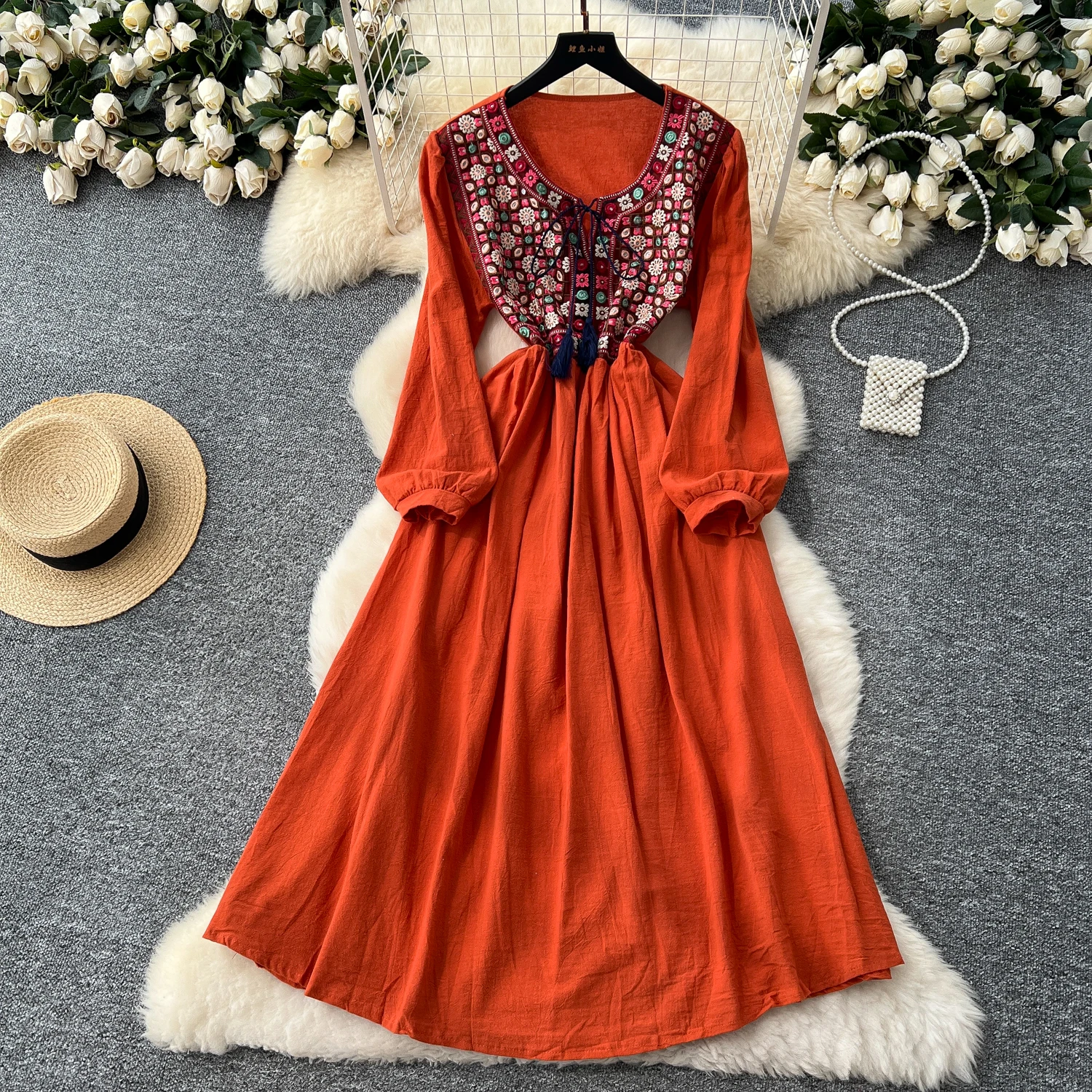 

Elegant Sexy High Waist Embroidered O-Neck Vacation Vestidos Slim Women Party Ceremonial Dress