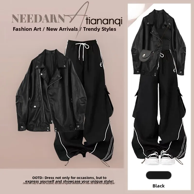 

Fashionable Black Three-Piece Set for Women Autumn Style High-End Feeling Jacket Tank Top with Casual Wide Leg Workwear Pants