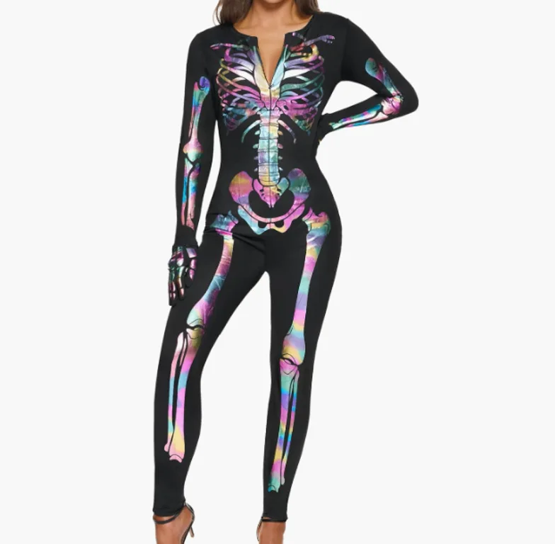 Damen Sexy 3D-Digital-Druck Bunter Skelett-Zentai-Jumpsuit Cosplay-Kostüm Halloween-Party Performance Enganliegender Bodysuit – Detail 3