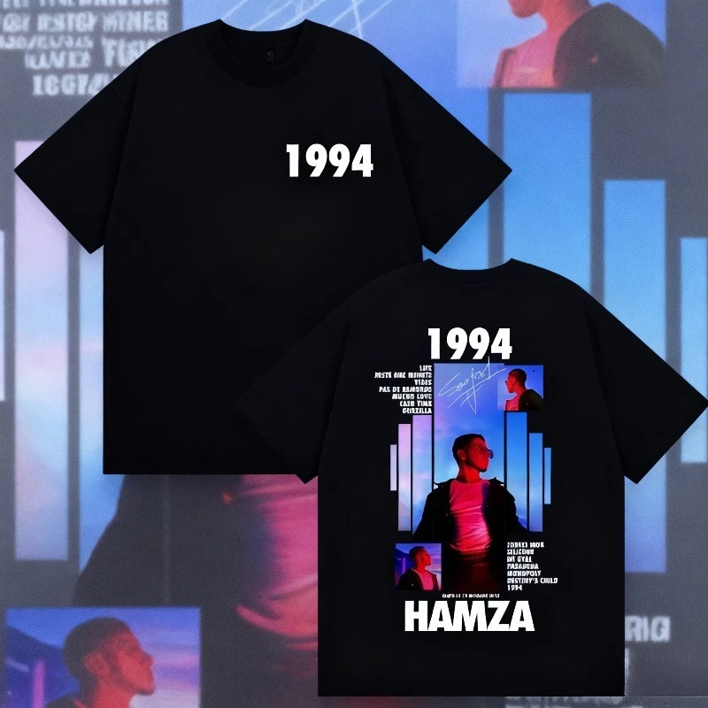 2025 الصيف مغني الراب هامزا 1994 جولة ألبوم الجرافيك الرجال ريترو موضة قصيرة الأكمام الهيب هوب 100% القطن الخالص تي شيرت مطبوع