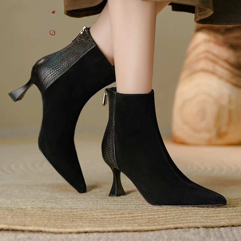 

Fine Heel and Pointed Toe Color-matched Zipper Fashionally Versatile, Comfortable, Anti-slip, Breathable Women's Short Boots