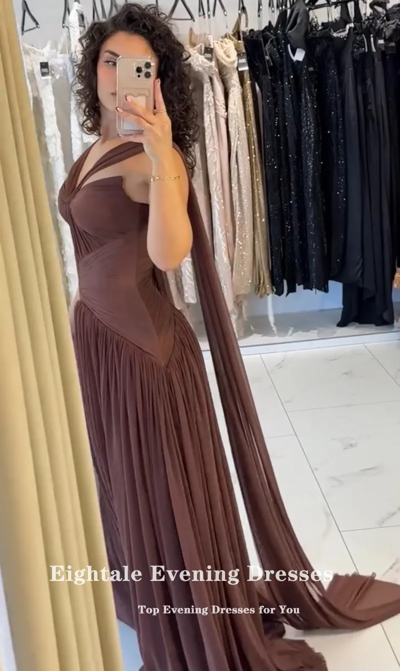 Eightale Arabic Evening Dress Halter Pleats Chiffon A-Liine Brown Muslim Sexy Prom Wedding Party Gown