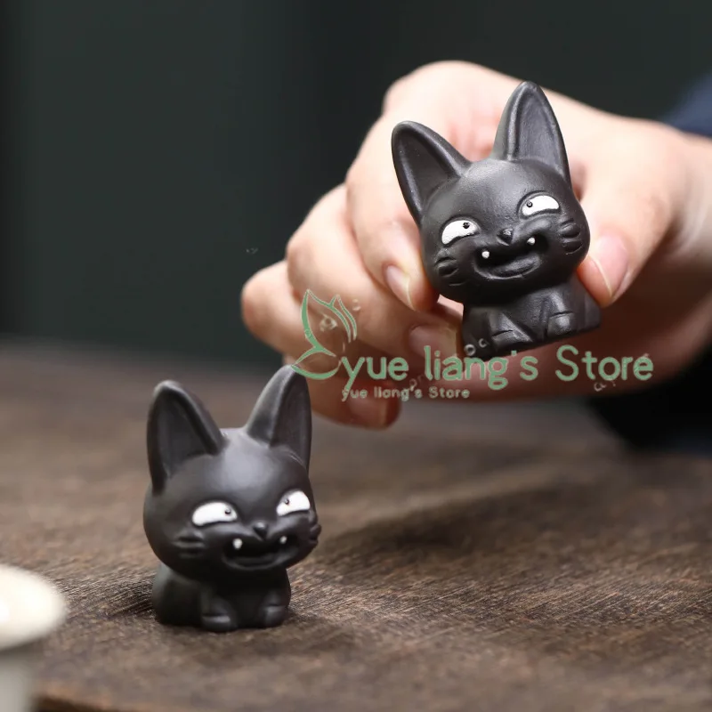 Yixing Purple Clay Tea Pet Black Cat Ornament, Handmade Healing Cat Sculpture Crafts, Tea Table Kung Fu Tea Set for Nurturing