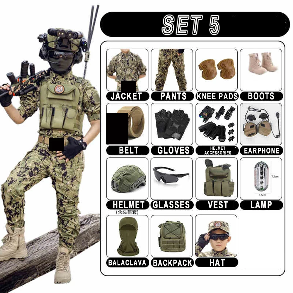 

Kids Military Tactical Training Uniform Set Summer Camp Costumes with Camouflage Top Pants Helmet Boys Girls Combat Costume