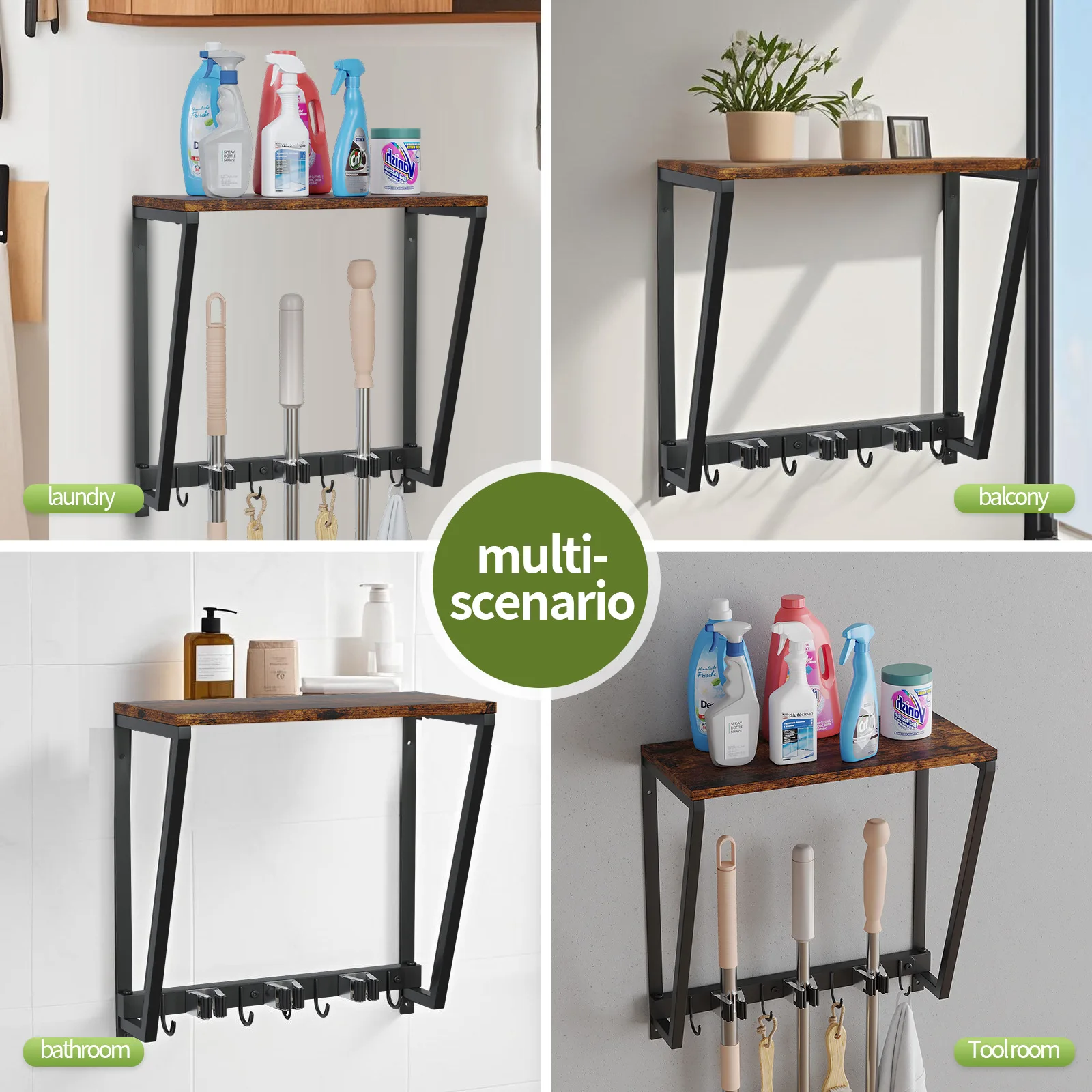 #Cross-border Carbon Steel Mop Hook Shelf with Screw Embedded Installation Multi-Purpose Storage Rack for Garage & Garden