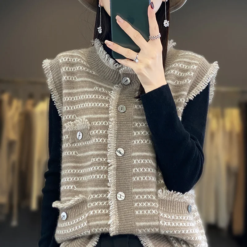 

Women's 100% wool vest cardigan O-neck knitted jacket sweater loose Korean fashion cashmere women's jacket