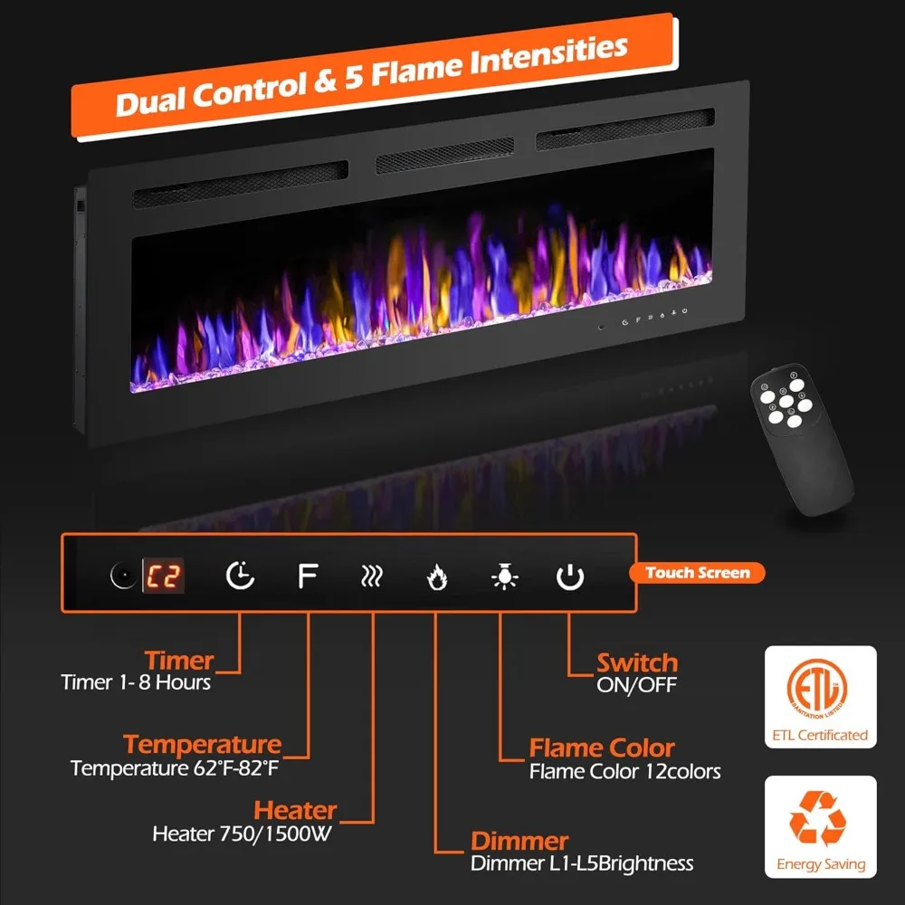 Recessed with Remote Control, 750/1500W Ultra-Thin Wall Fireplace Heater W/Timer Adjustable Flame Color and Brightness