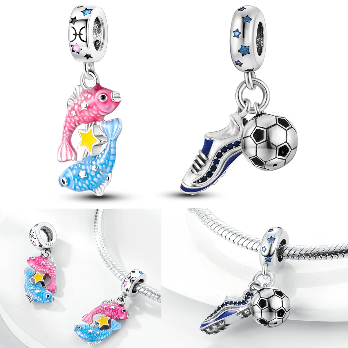 

925 Sterling Silver Pisces Charms Bead CZ Zircon Football Shoes Dangle Fit Original Bracelet DIY Women Jewelry