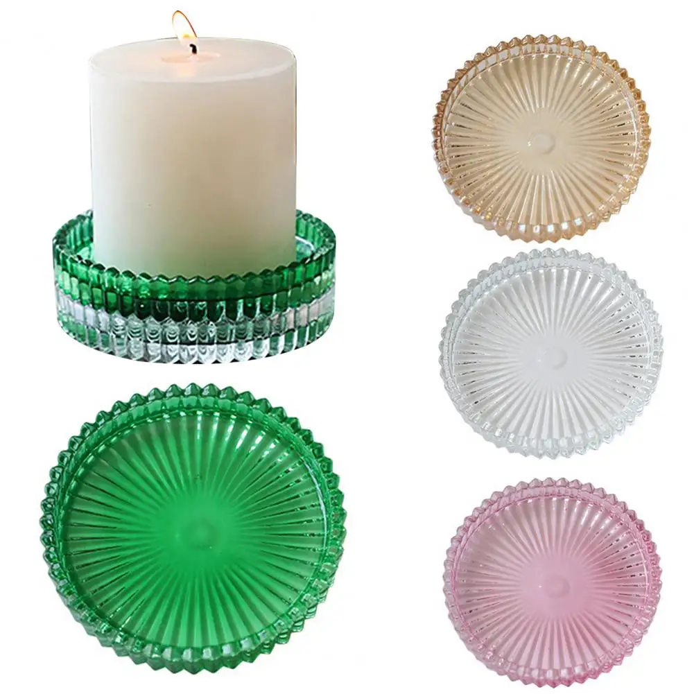 Glass Candle Holder Vertical Pattern Candle Holder Pillar Candle Holder Tray Round Glass Decorative Dish Modern Home Table