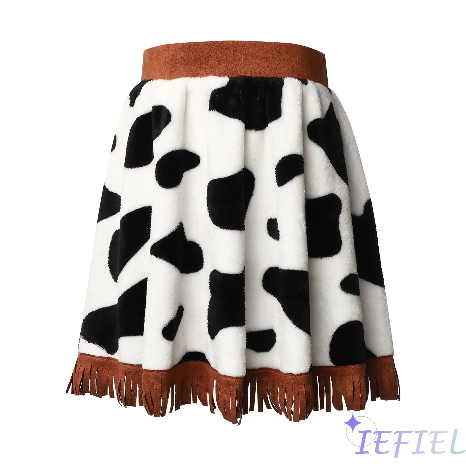 

Halloween Girls Cowgirl Cosplay Costume Contrast Color Elastic Waistband Suede Tassel Flannel Skirt Party Roleplay Masquerade
