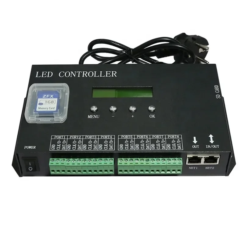 H807SA 8 Ports Artnet DMX To SPI LED Pixel Controller Supports SD Card DMX512 Console LED Pixel Controller