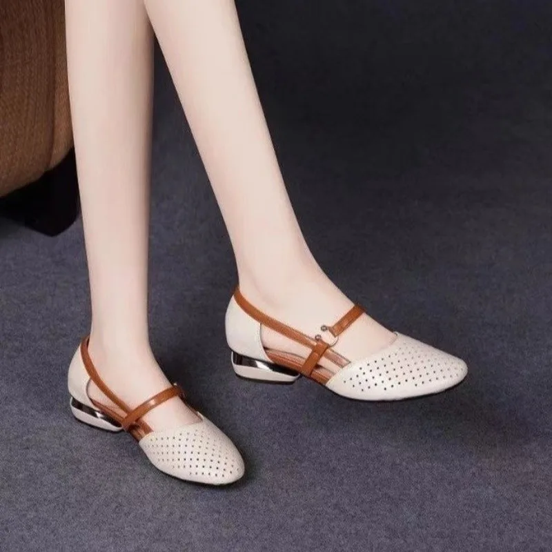 2026 Summer Buckle Women Sandals Pointed Hollow Thick with High Heels Women\'s Shoes Gladiator Fashion 4CM Round Heels Sandals