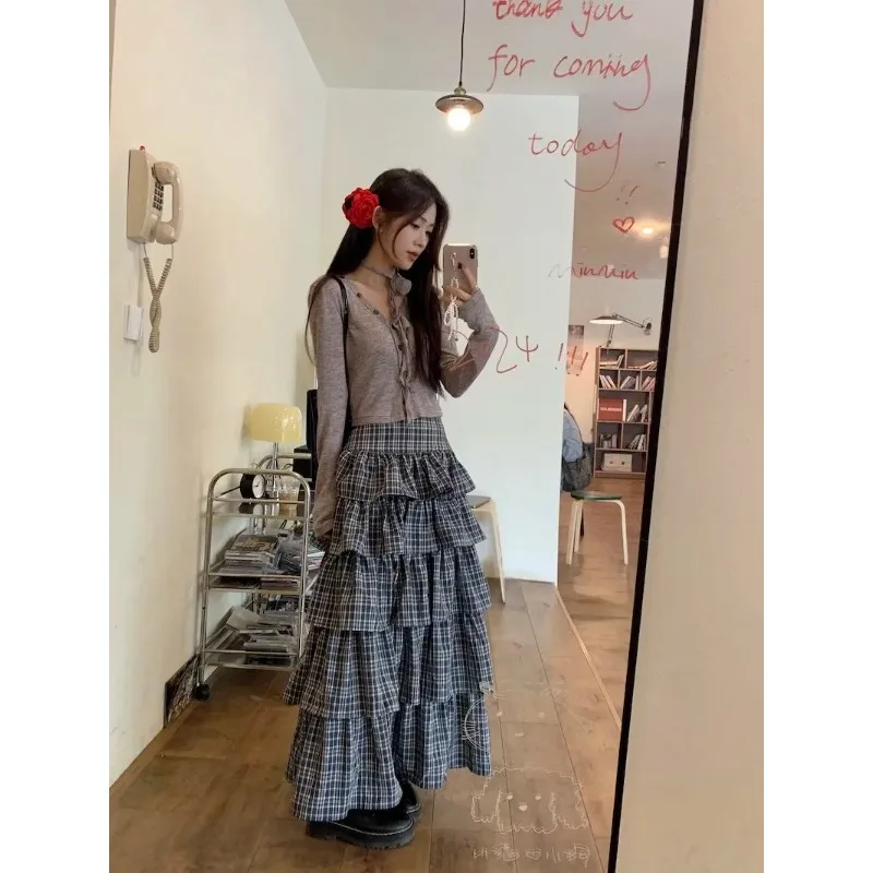 

Autumn New Checked Skirt 2025 Puffy Retro Cake Casual Loose Elegant Skirt Long Skirt