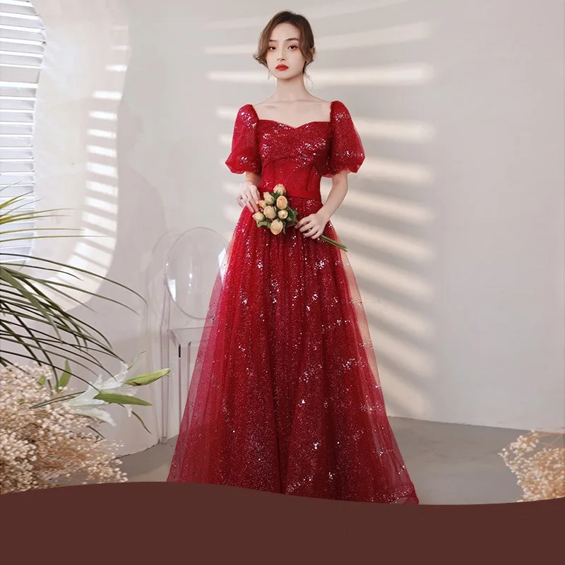 Wine Red Long Toast Wedding Dress Light Luxury Sequined Performance Evening Dresses Fashion Square Neck Chiffon Prom Gowns