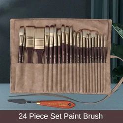 24 pcs high quality nylon hair paint brush set portable simulated leather cloth bag oil painting brush watercolor artist supply