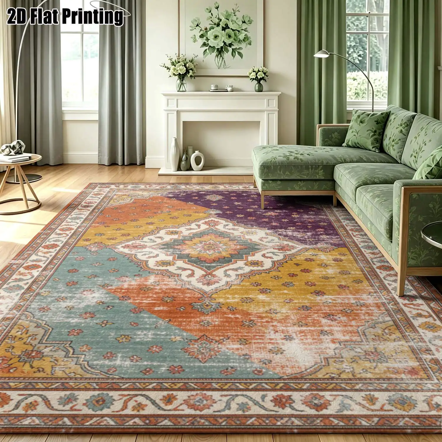 1Pc 2D Printed Retro Patchwork Geometric Carpet: European, Bohemian Style, Home Decor, Multi-Size, Machine-Washable, for Entrance, Dining Room, Foyer, Bedroom, Living Room