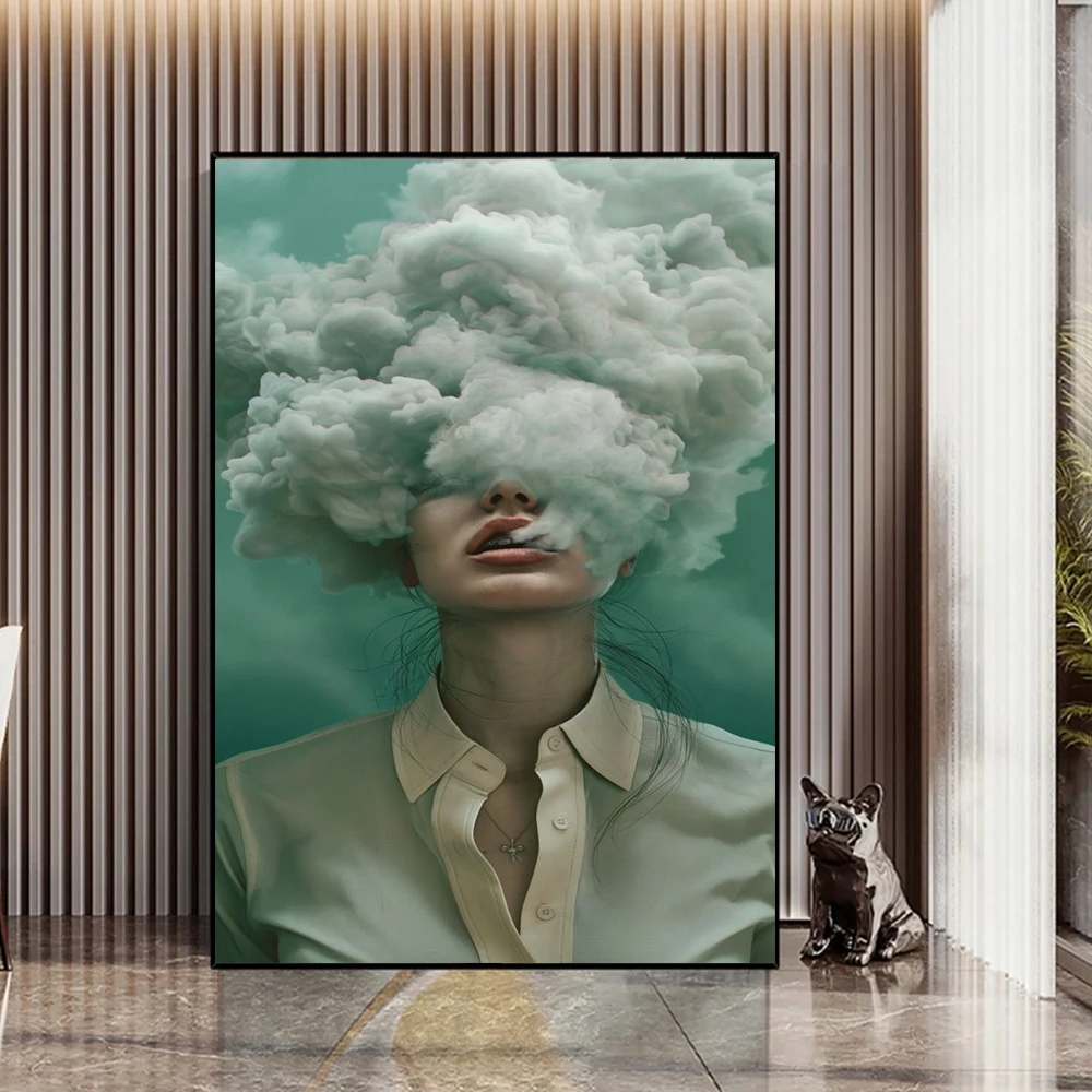 

Surrealism Clouds Woman Portrait Canvas Painting Wall Art Funny Whimsical Girl With Clouds Poster Prints For Living Room Decor