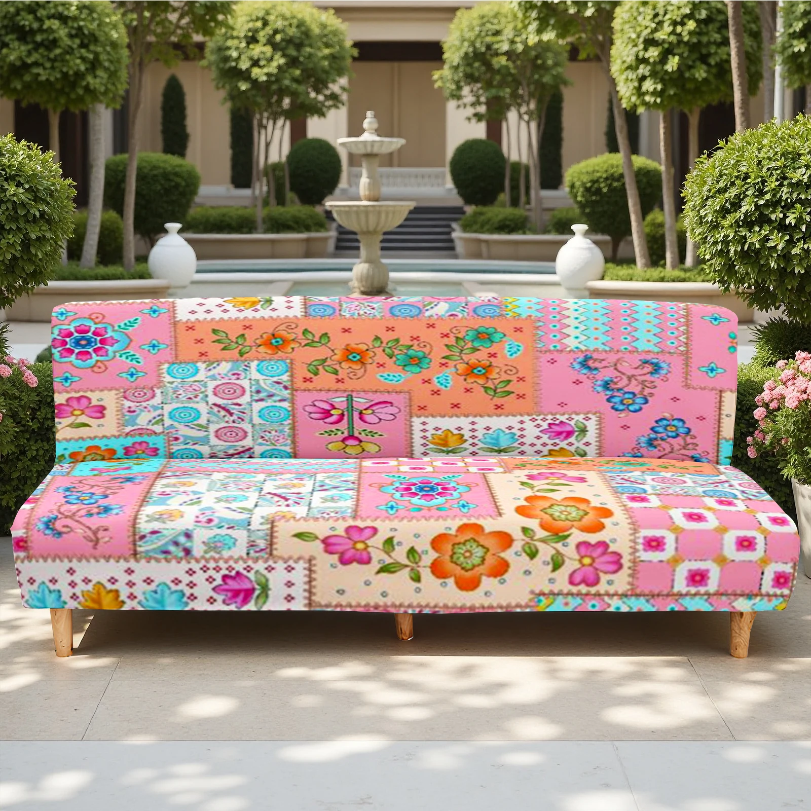 Bohemian Patchwork Floral Print Summer Outdoor Sofa Bed Cover, Milk Silk Fabric, Elastic & Anti - Slip, Ma