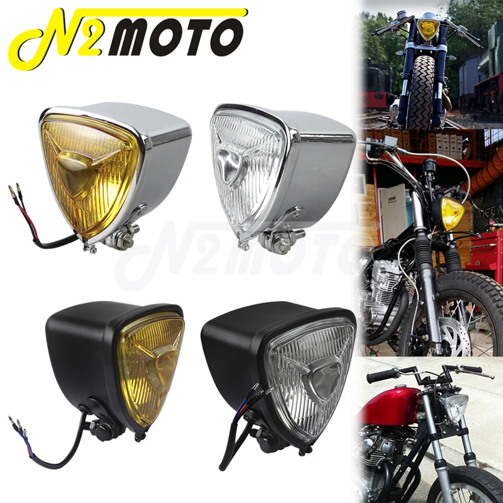 H4 12V 55/60W Motorcycles Amber Lense Triangle Headlight Universal For Harley Bobber Chopper Custom Old School Retro Head Lamp