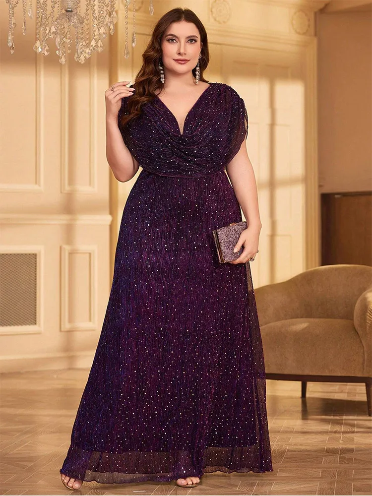 Plus Size V Neck Purple Polka Dot Shiny Evening Dress 4xl 5xl Big Size Big Size Sleeveless Banquet Party Evening Dress Women