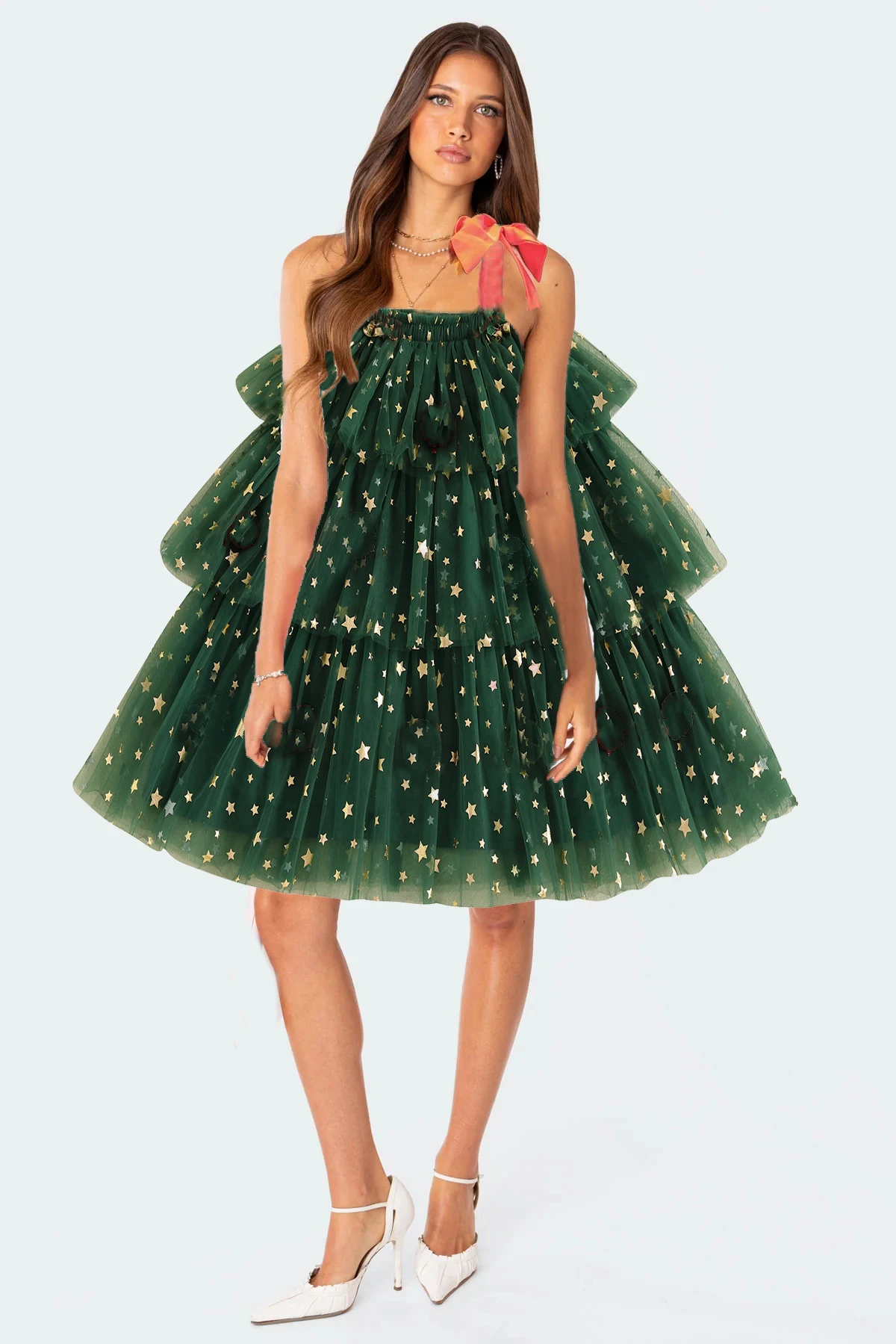 Frauen Mädchen Weihnachten Kleider Krawatte Up Stern Pailletten Mesh Patchwork A-linie Layered Tüll Kleid Weihnachten Party Kostüme