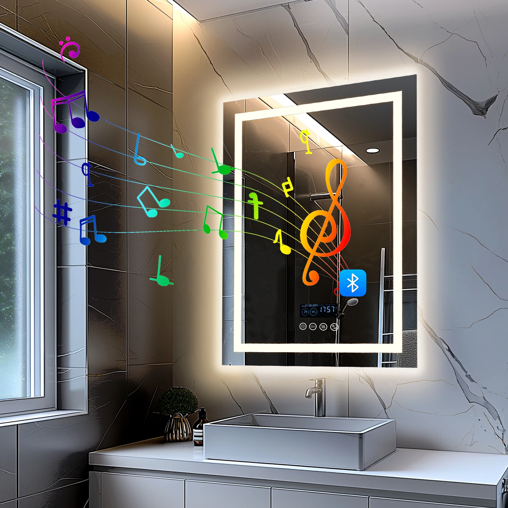 

Wisfor 28x36 LED Lighted Bathroom Mirror with Bluetooth Speaker Smart Wall Vanity Mirror Anti-Fog Dimming 3 Lights