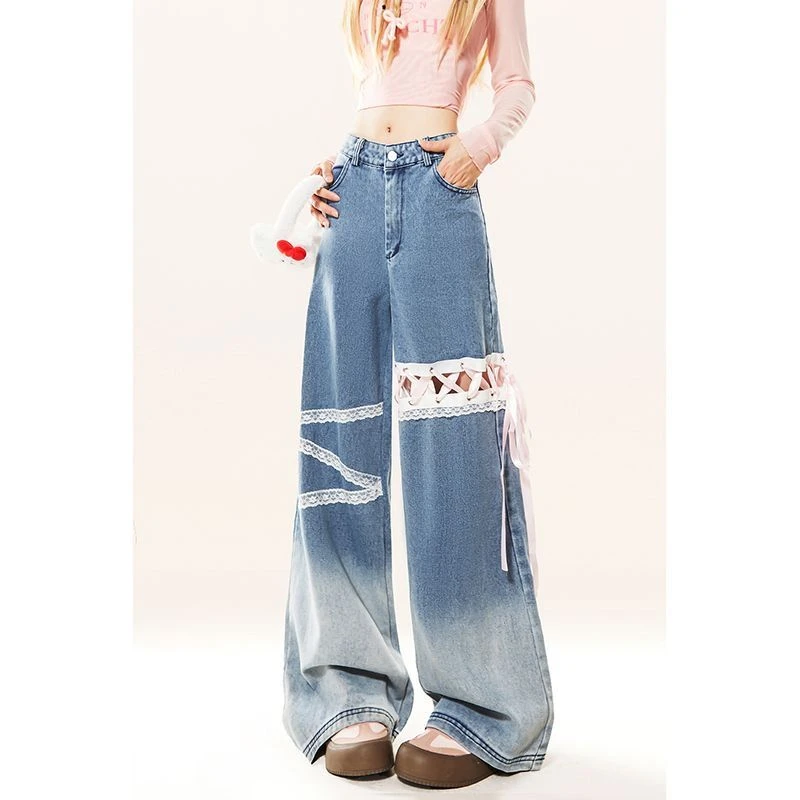 

Women's Hollow Lace Strap Jeans Sweet Girl Wide-leg Denim Trousers Gradient Color Design Bottoms Female High Waisted Pants