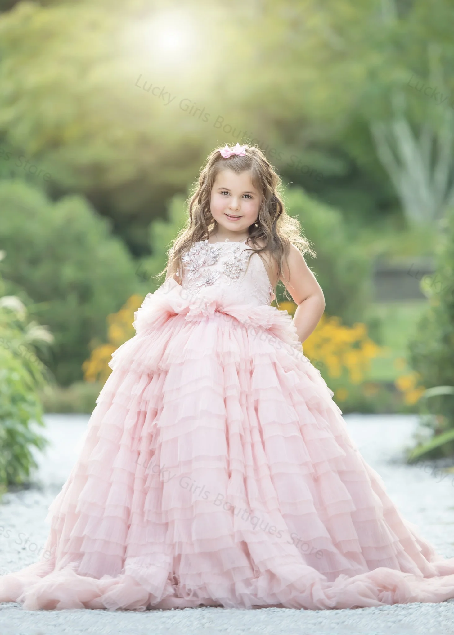 Princess Pink Flower Girl Dresses for Wedding Tiered Ruffles Kids Birthday Gowns Lace Appliques Little Girl Photoshoot Dresses