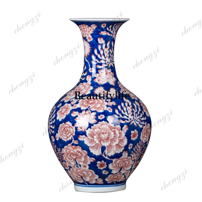 Jingdezhen ceramic blue and white porcelain underglaze red vase Chinese living room ornament porcelain hand-painted flower ware