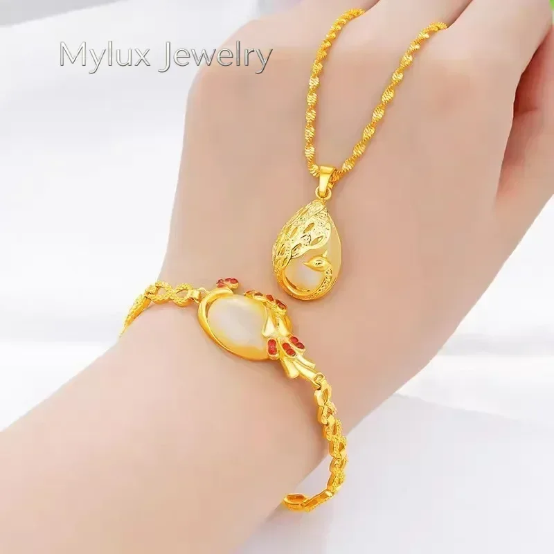 Mylux Jewelry Luxury 24K yellow gold 9999 real gold Ladies Necklace Bracelet Peacock two-piece Pendant Cat's Eye AU750 Gold jewe