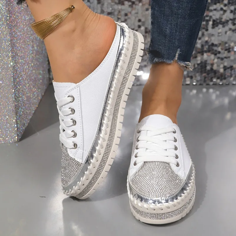 New Lace Up Rhinestones Mules Thicken Soled Cover Toe Slippers Women Sandals Platform Shoes Woman Muffins Sewing Crystal Slides