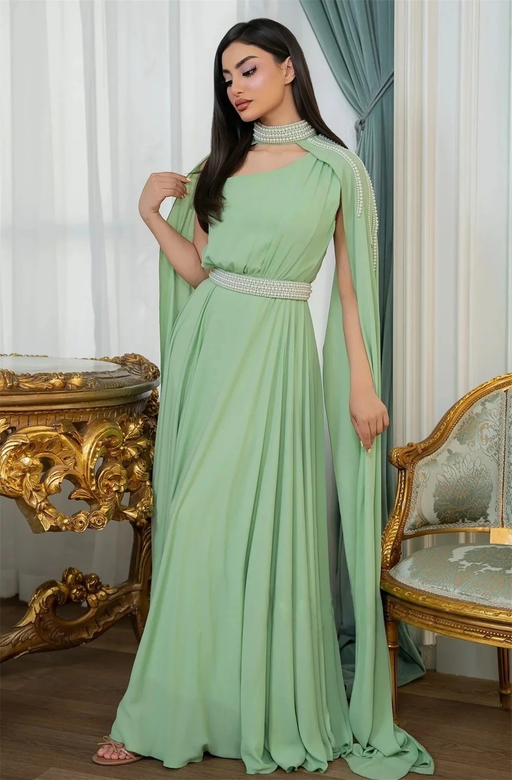 Robe de soirée longue en mousseline de soie verte, perles, sur mesure, Pastrol, Jersey unisexe, rétro, dubaï, saoudien, arabe, bal personnalisé