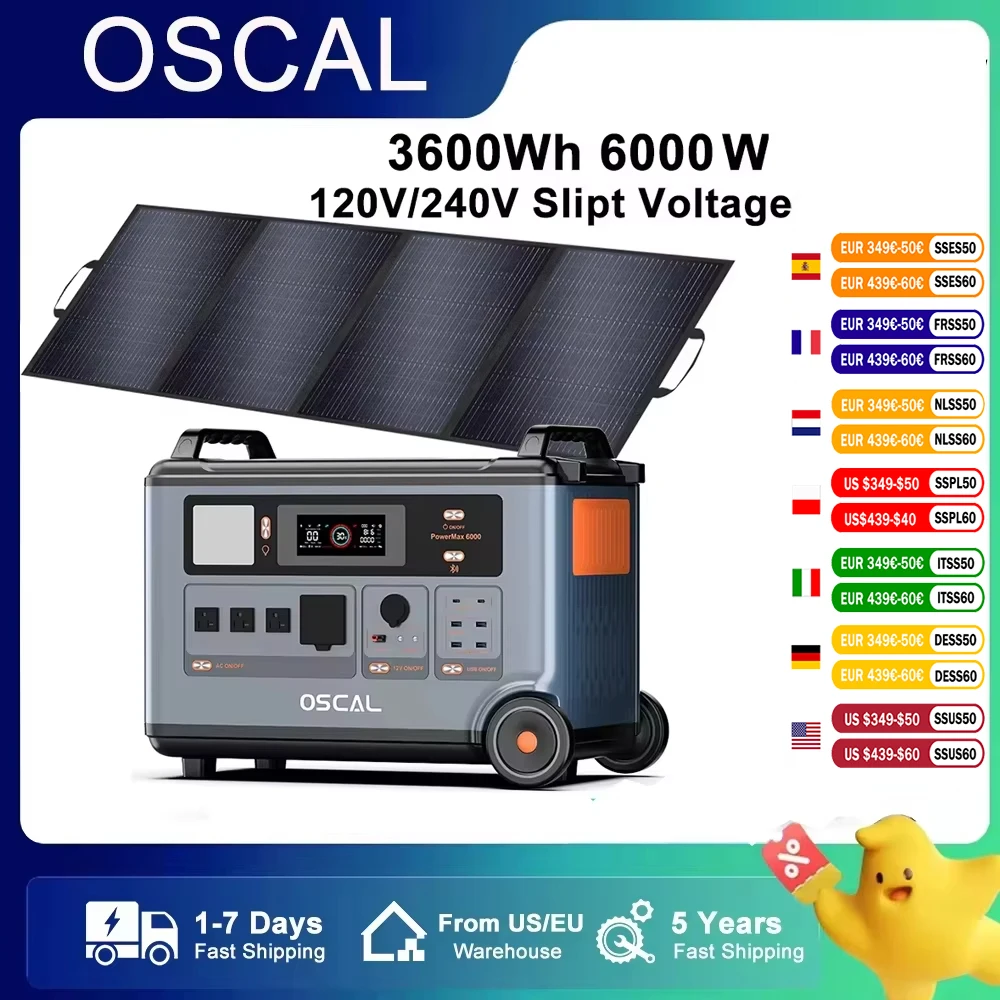 

OSCAL Blackview 120V/240V Dual Voltage output Power Station 6000W LiFePO4 Battery 3600Wh Portable Generator with400W Solar Panel