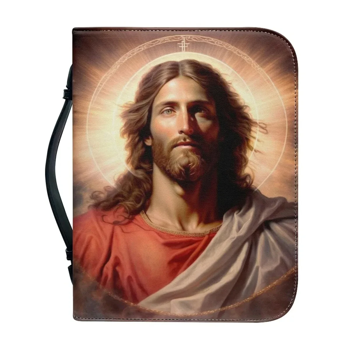 Jesus Pattern Print Bible Cover Case Leather Bible Bag for Women Zipper Handle Handbags Christian Practical Bible Storage Bags