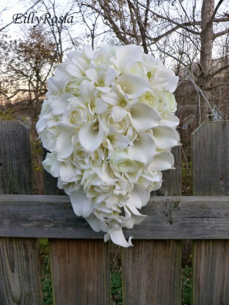 EillyRosia-Broche Dorée en Cascade, Bouquet de Fleurs de Mariage, Lys Calla Blanc, Trash, Larme, Plage, pour la Mariée