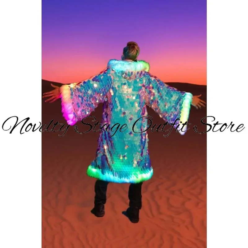 Christmas Sequins LED Coat Long Men Women Nightclub DJ Party Rave Outfit Warm Jacket Carnival Festival Stage Wear Fashion Suit