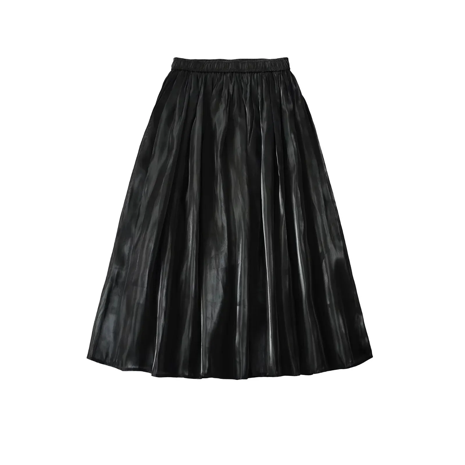 الفرنسية عطلة نمط عالية الخصر مطوي تنورة تنورة طويلة للنساء الخريف جزيرة الساتان لامعة ثنيات تنوعا نصف تنورة 8W3D