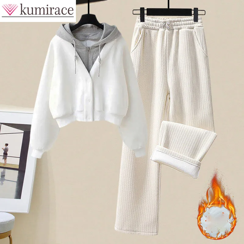 

Plush and Thickened Hoodie Jacket Casual Wide Legged Pants Two-piece Elegant Women's Pants Set Winter Outfits Tracksuit