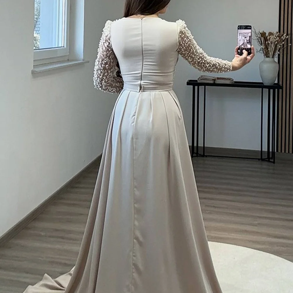 ชุดราตรีแขนยาวประดับมุกนางเงือก ชุดราตรีคอวีหรูหราสั่งตัดได้ งานปักคุณภาพสูง ชุดออกงานสั่งตัดพิเศษ