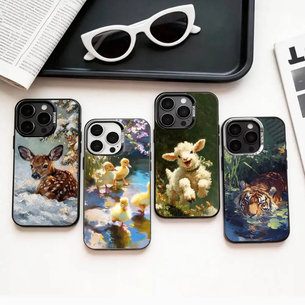

Animal Art O-Oil Painting Cute Phone Case For iPhone17,16,15,14,13,12,11 Plus,Pro Max Colored Silver Plated Inside Cover