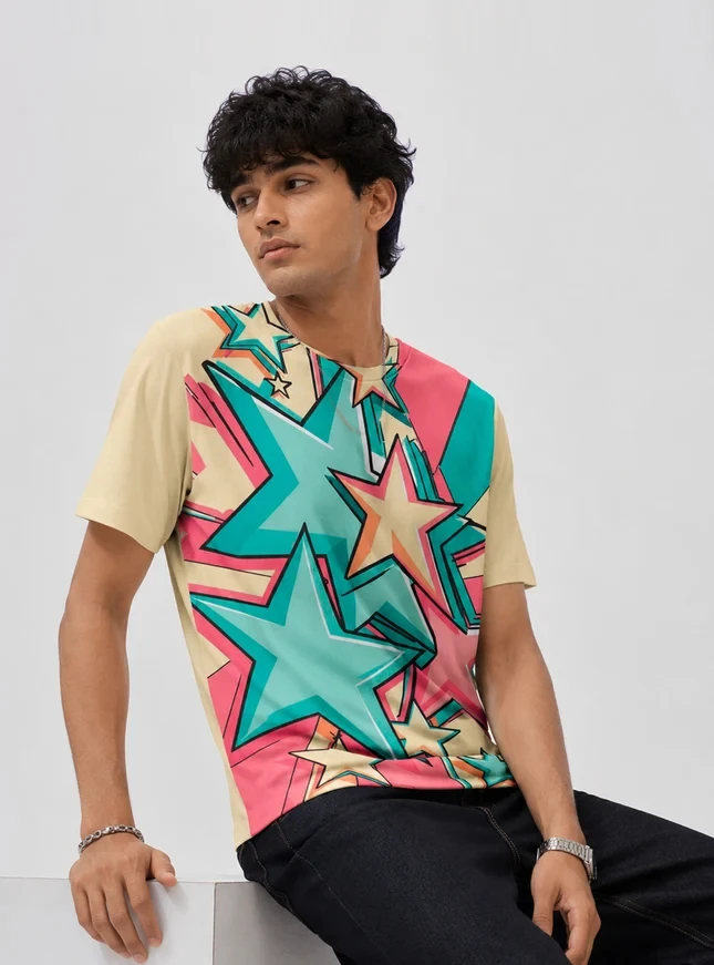 Men's Art Star All Over Print Round Neck Short Sleeve T Shirt Trendy Street Design Loose Versatile Casual Tee Mens Clothing