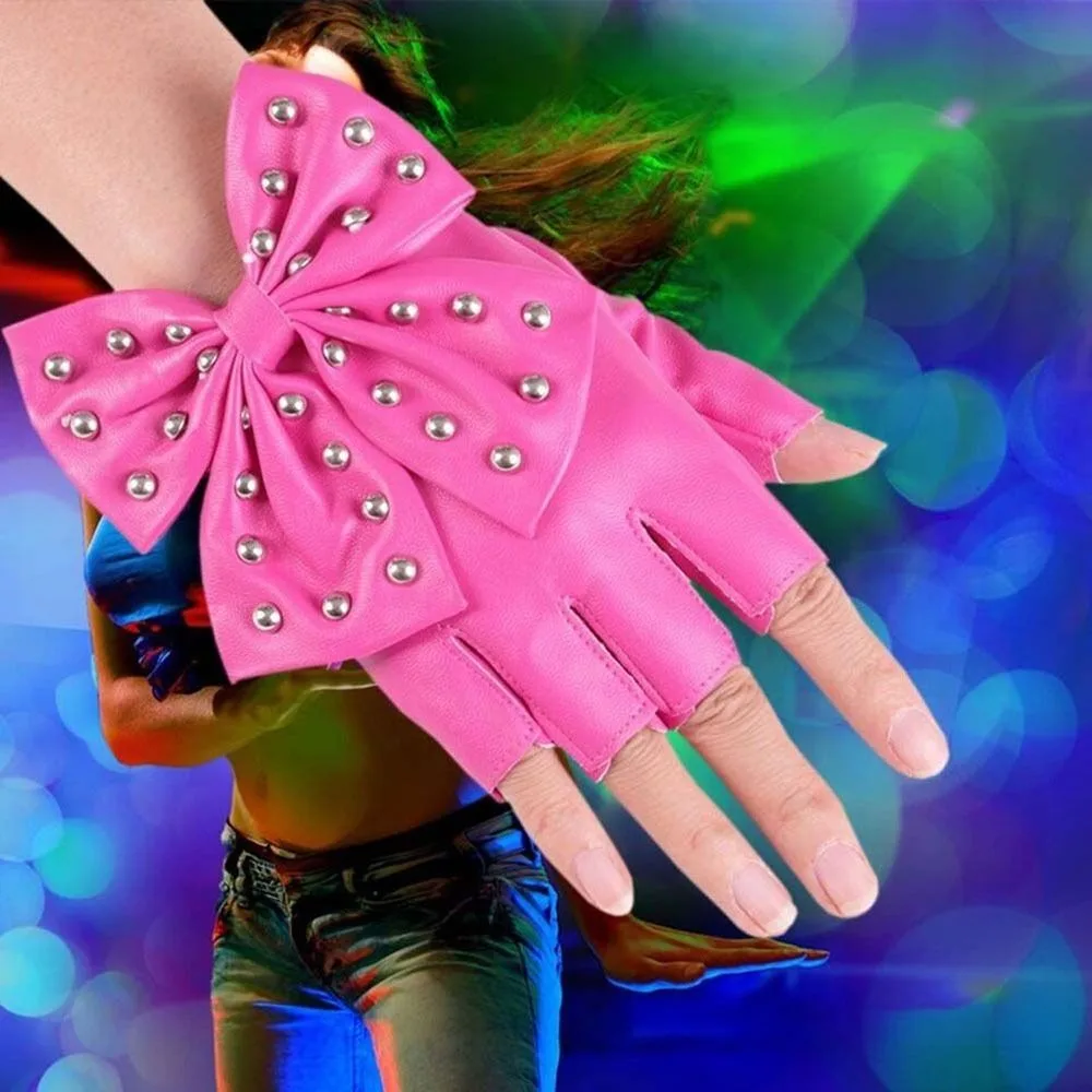 New Big Bow Dancing Gloves Imitation Leather Rivet PU Material Half Finger Gloves Street Dance Korean Anime Women Gloves