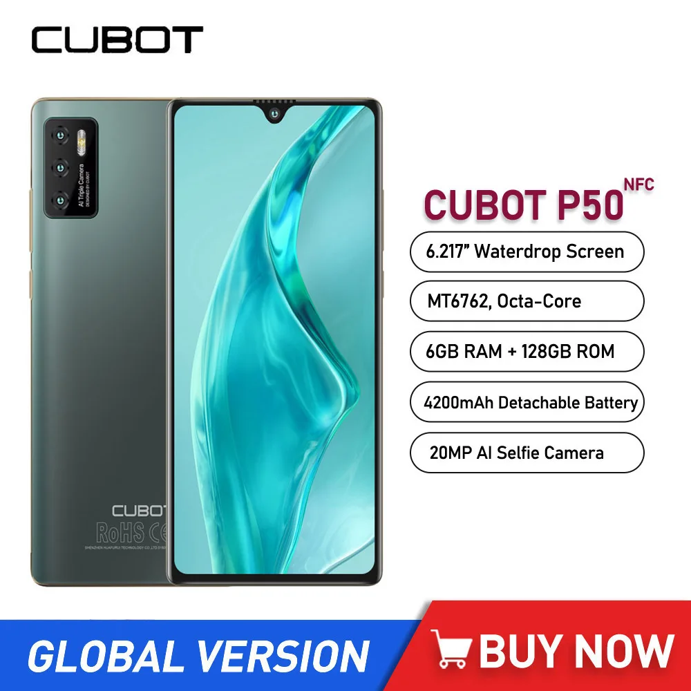 

Cubot P50 Android 11 Smartphones Octa Core 6GB RAM 128GB ROM 4200mAh Battery 6.217 Inch HD Display 20MP Camera Mobile Phones NFC