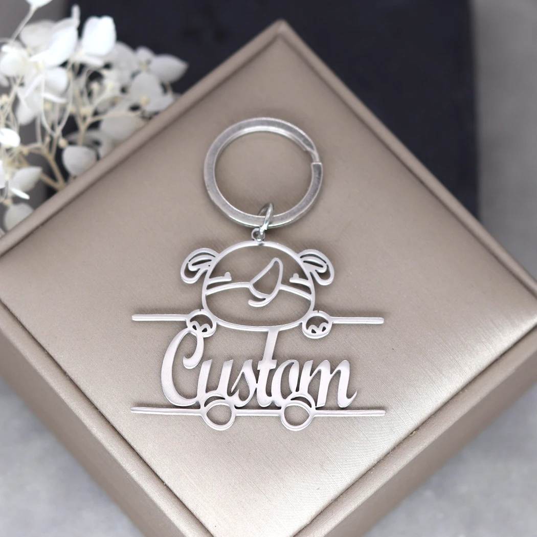 QIMING Cute Koala Engrave Name Customized Keychain Men Stainless Steel Pendant Keyring Cartoon Jewelry Gift For Women