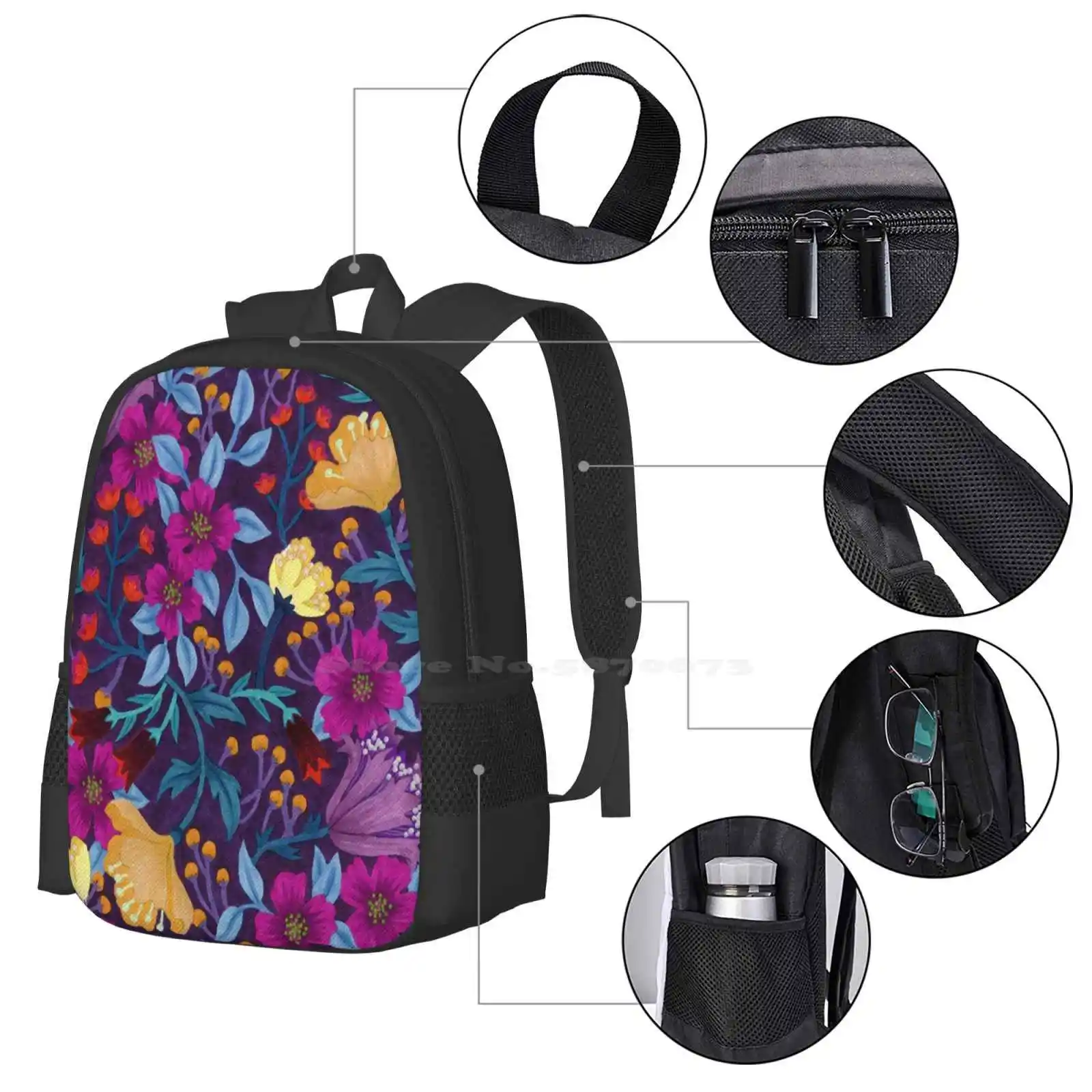 Floral School Bag Big Capacity Backpack Laptop Flowers Pattern Purple