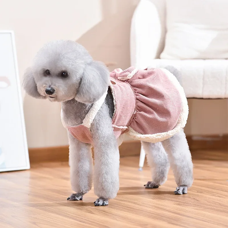 Pet Cute Corduroy Bear Strap Skirt Princess Wind Bow Autumn/Winter Small Pet Clothes Dog Dresses for Small Dogs Puppy Clothes