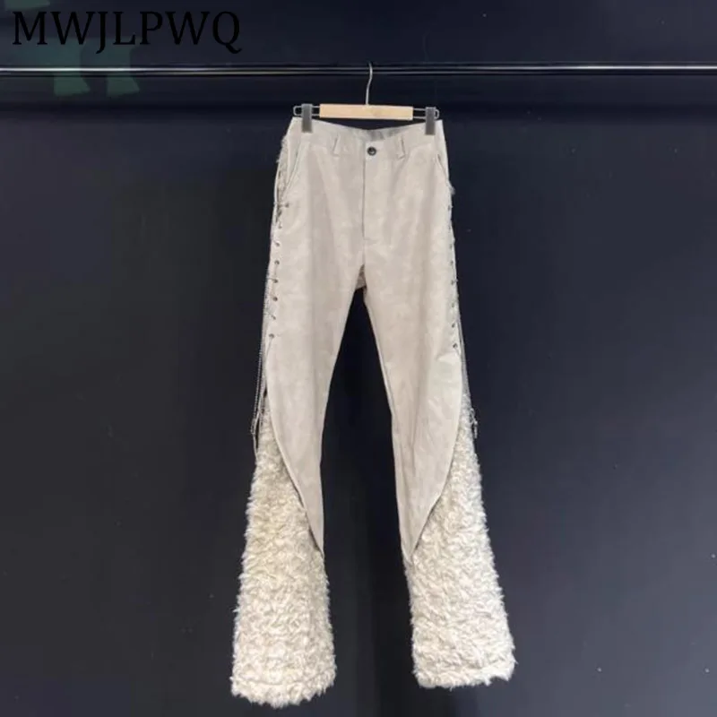 

MWJLPWQ Street Style PU Leather Fur Patchwork Trousers For Men 2026 New Unisex New Slimming Beige Flared Casual Pants Tide 20810